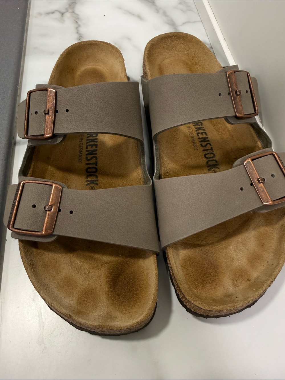 Birkenstock Two-Strap Sandals Gray with Brown Footbed - Picture 6 of 9